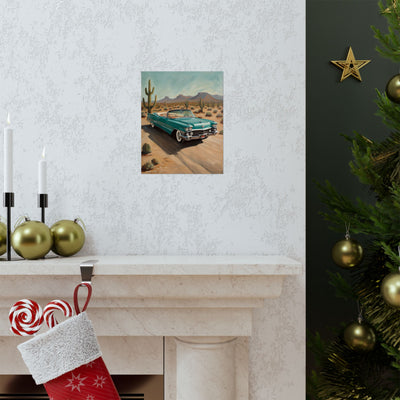 Vintage Car Matte Vertical Posters featuring a classic car on a desert road with cacti