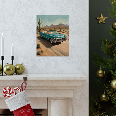 Vintage Car Matte Vertical Posters featuring a classic teal car driving on a desert road