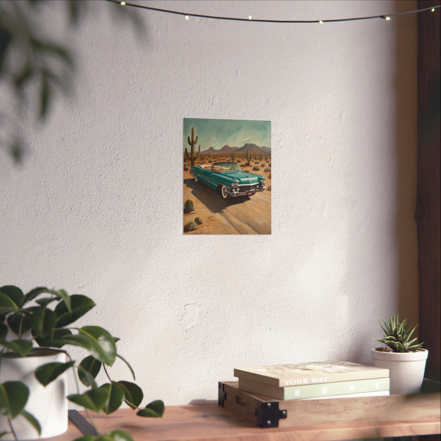 Classic Car Matte Vertical Posters featuring a classic car in a desert landscape with cacti