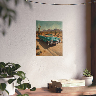 Vintage Car Matte Vertical Poster featuring a classic car in a desert landscape