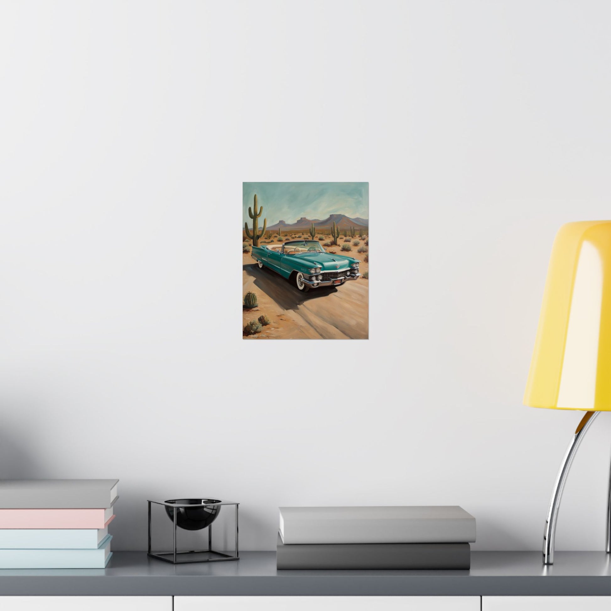 Vintage Car Matte Vertical Posters featuring a classic car on a desert road landscape