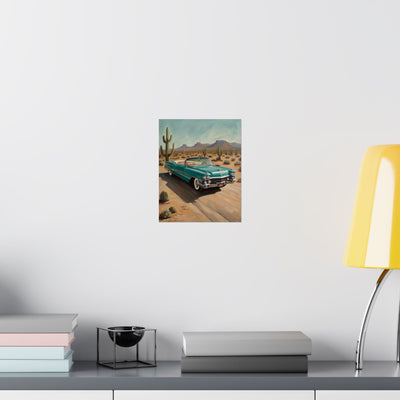 Vintage Car Matte Vertical Posters featuring a classic car on a desert road landscape