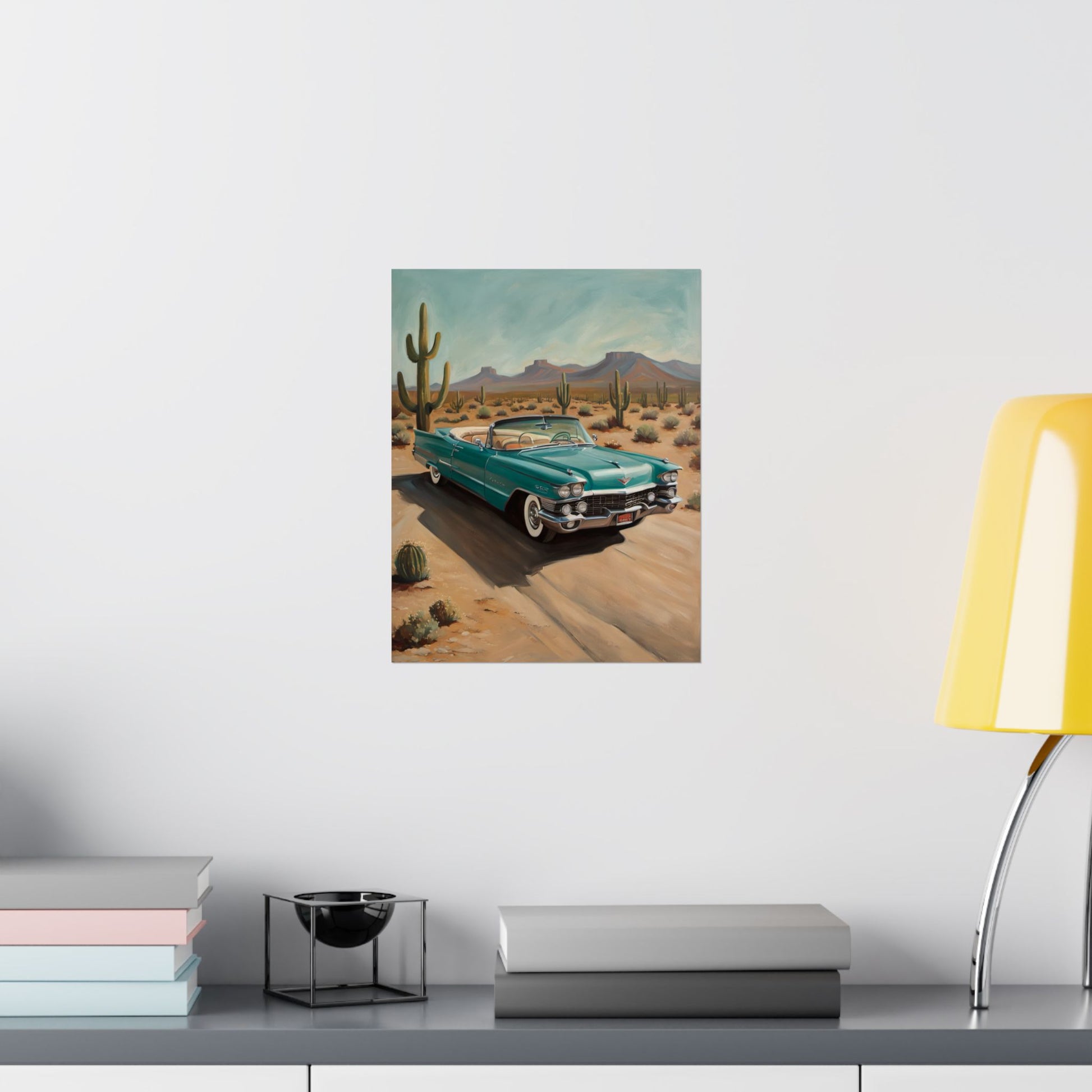Vintage Car Matte Vertical Posters featuring a classic turquoise convertible in a desert landscape