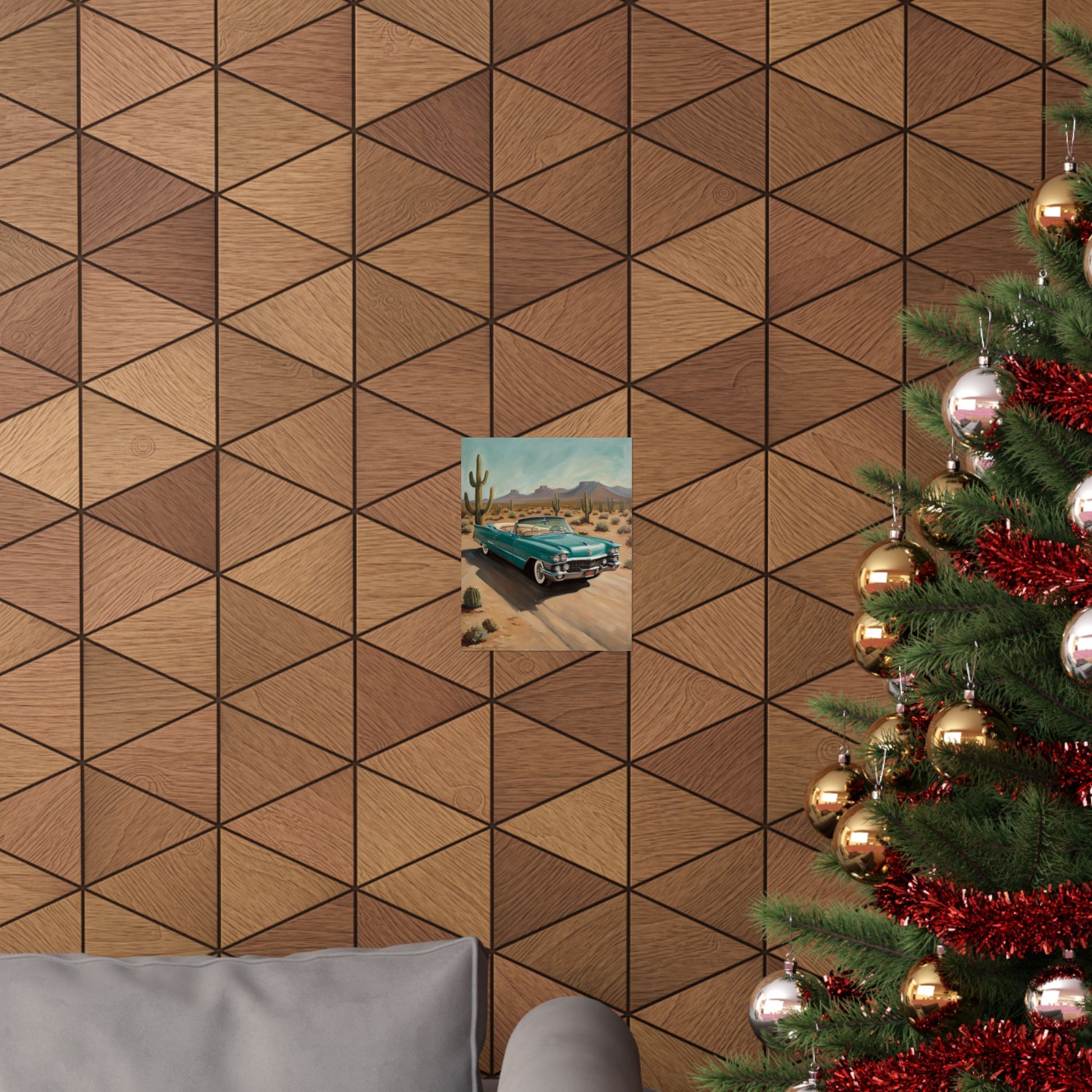 Vintage Car Matte Vertical Posters displayed on a patterned wall with holiday decorations nearby