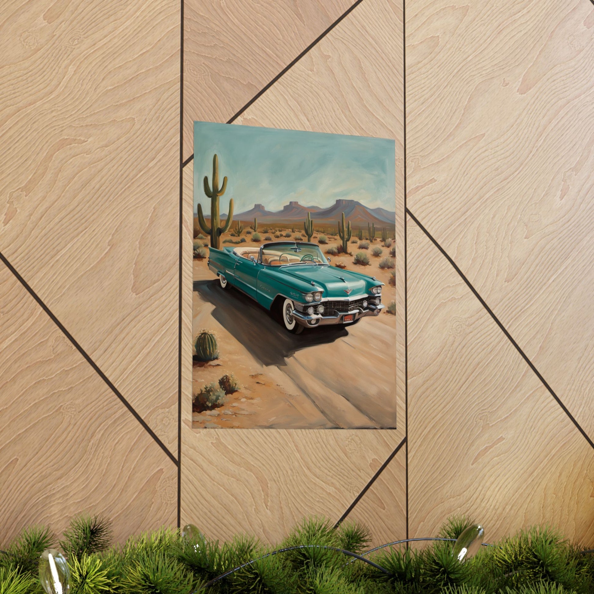 Vintage Car Matte Vertical Posters featuring a classic turquoise car in a desert landscape