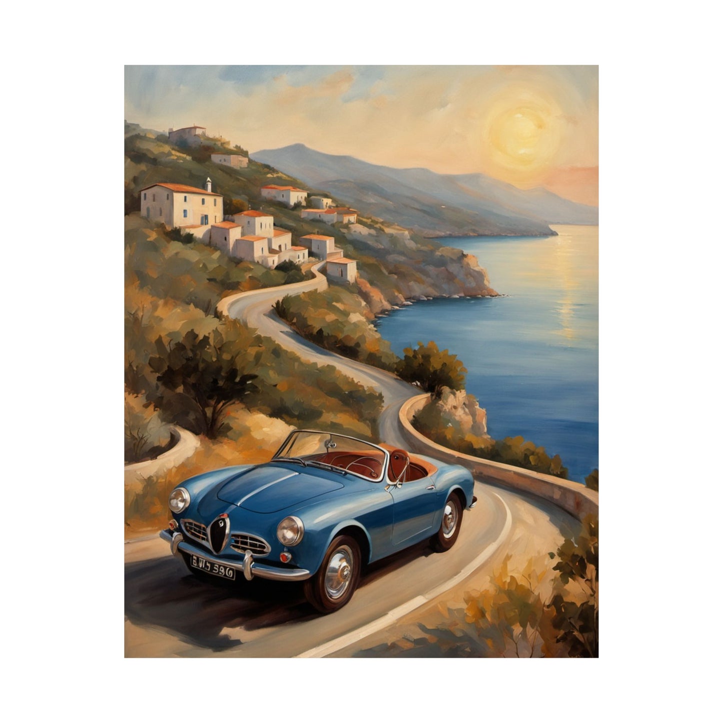 Vintage Car Poster featuring a classic blue car driving along a coastal road at sunset
