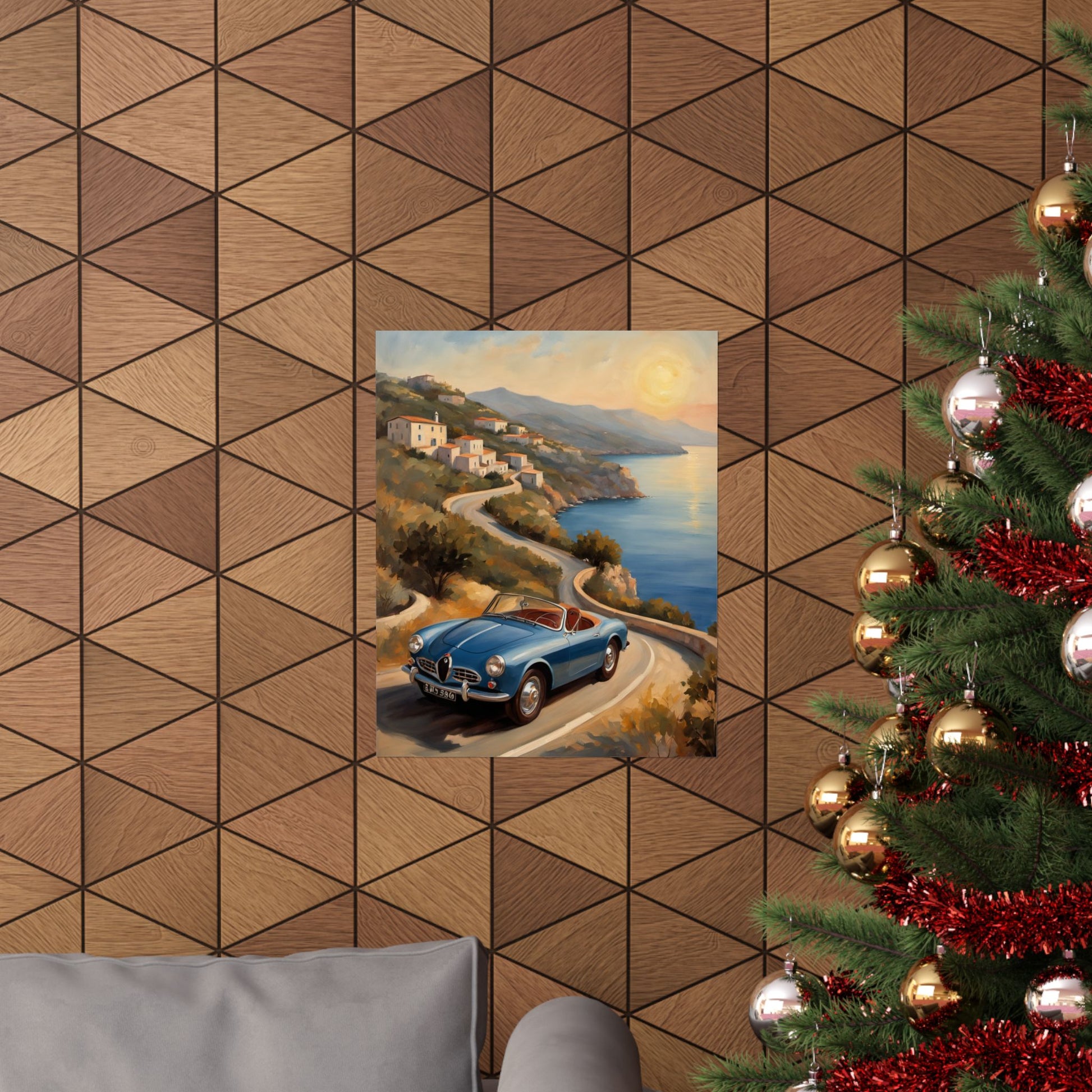 Vintage Car Poster featuring a classic car by a coastal road with scenic views
