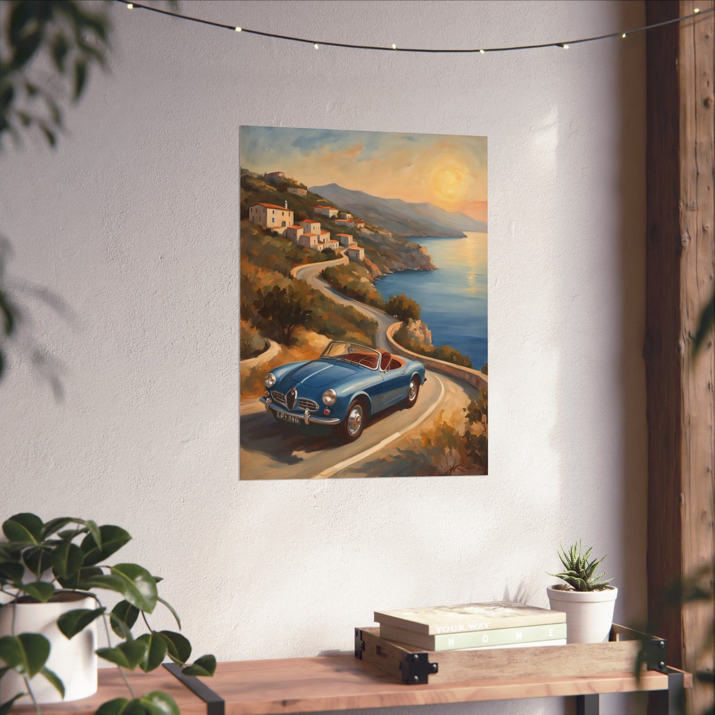 Vintage Car Poster featuring a classic blue car on a coastal road with sunset backdrop