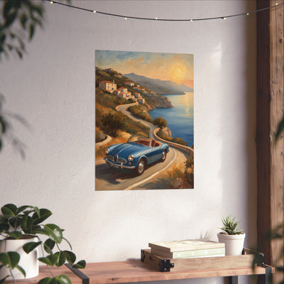Vintage Car Poster featuring a classic blue car on a coastal road with sunset backdrop