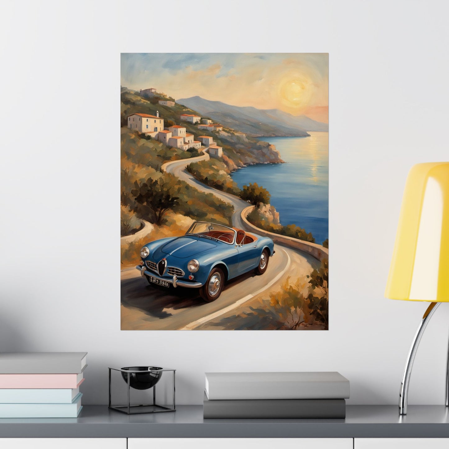 Vintage Car Poster featuring a old blue car driving along a coastal road at sunset