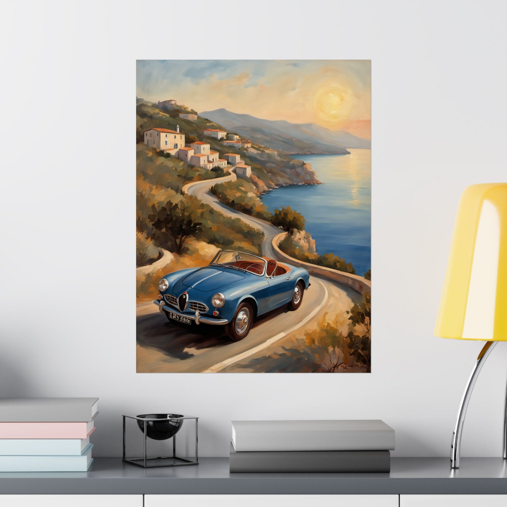 Vintage Car Poster featuring a old blue car driving along a coastal road at sunset
