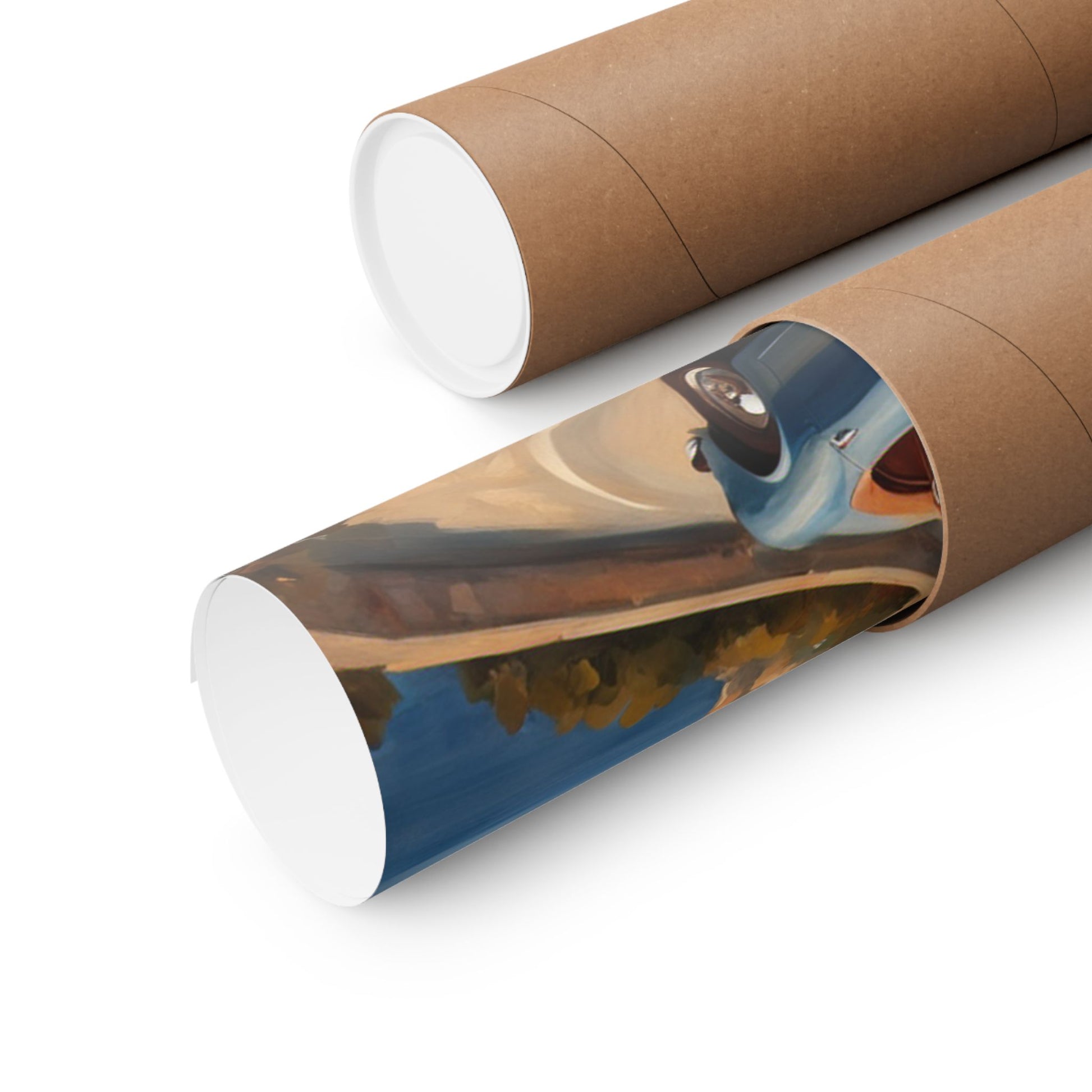 Vintage Car Poster rolled in a protective tube, showcasing classic automotive art for decor enthusiasts
