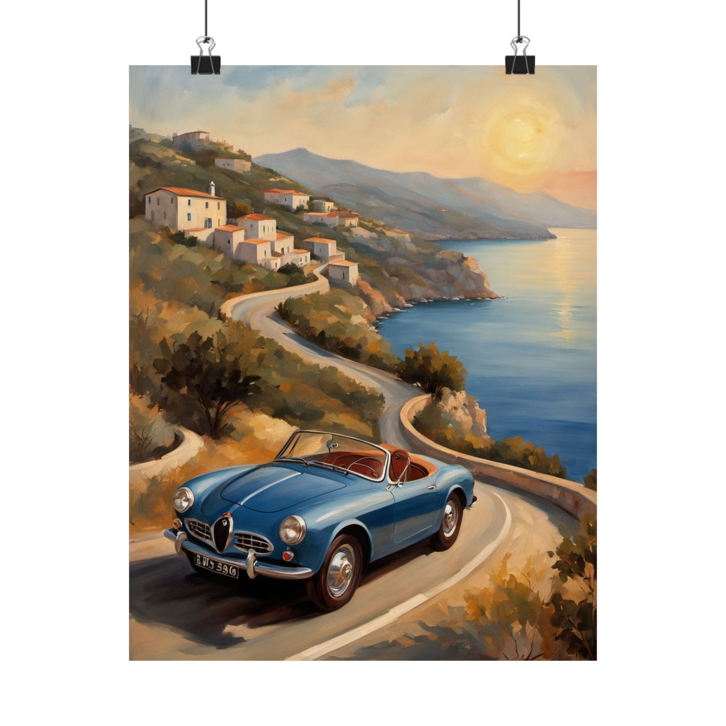 Vintage Car Poster featuring a classic blue convertible driving along a scenic coastal road