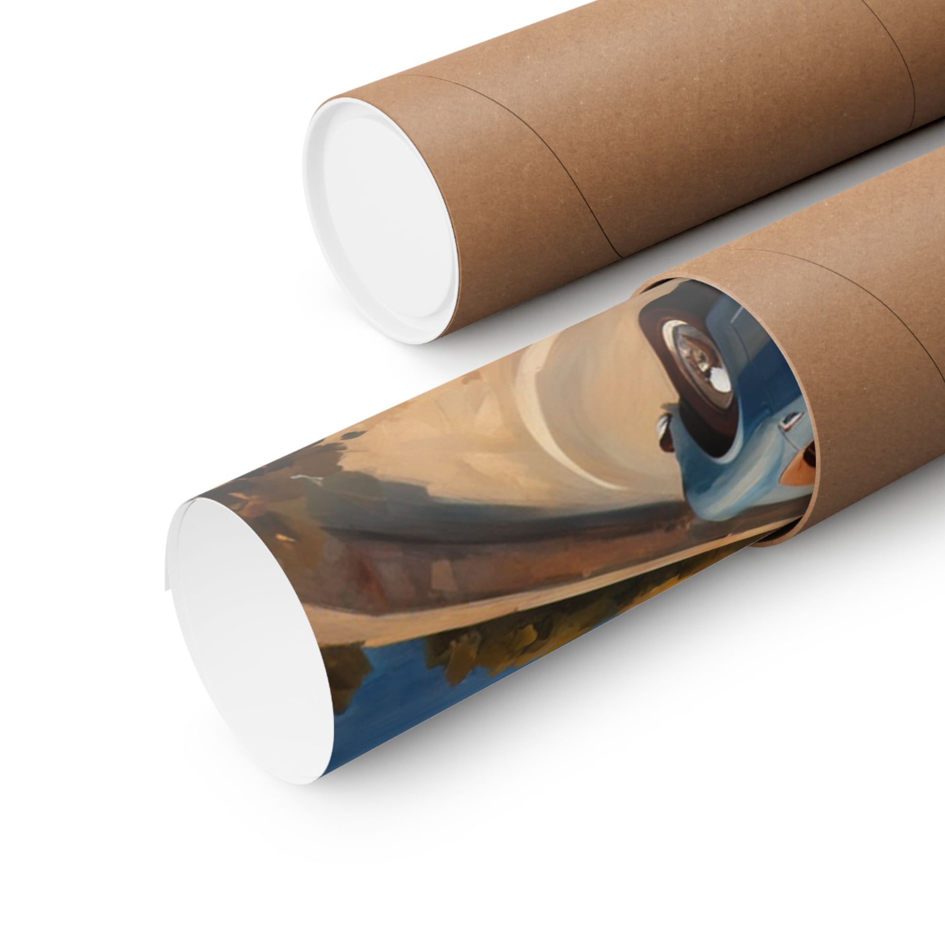 Vintage Car Poster rolled in a brown kraft tube for easy storage and transport