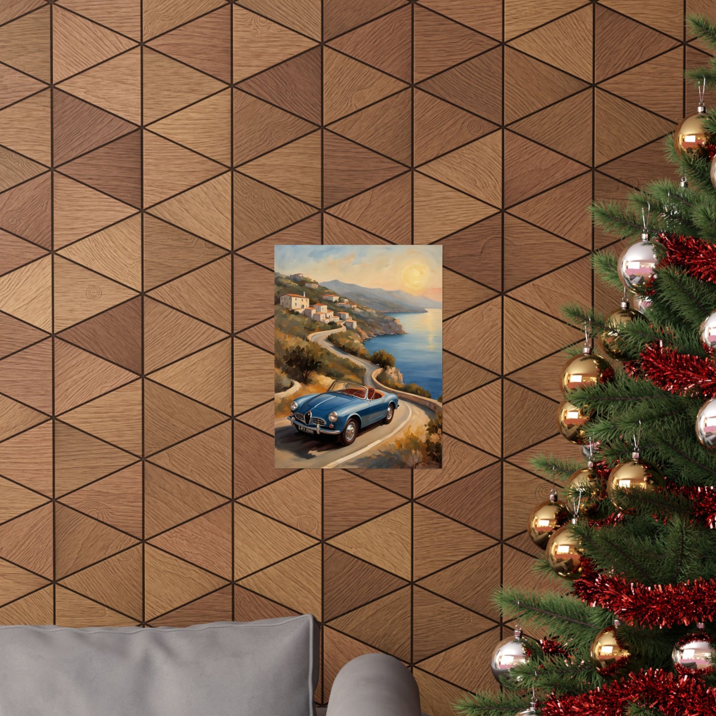 Vintage Car Poster featuring a classic car by the coast, displayed on a stylish wall