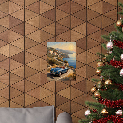 Vintage Car Poster featuring a classic car by the coast, displayed on a stylish wall