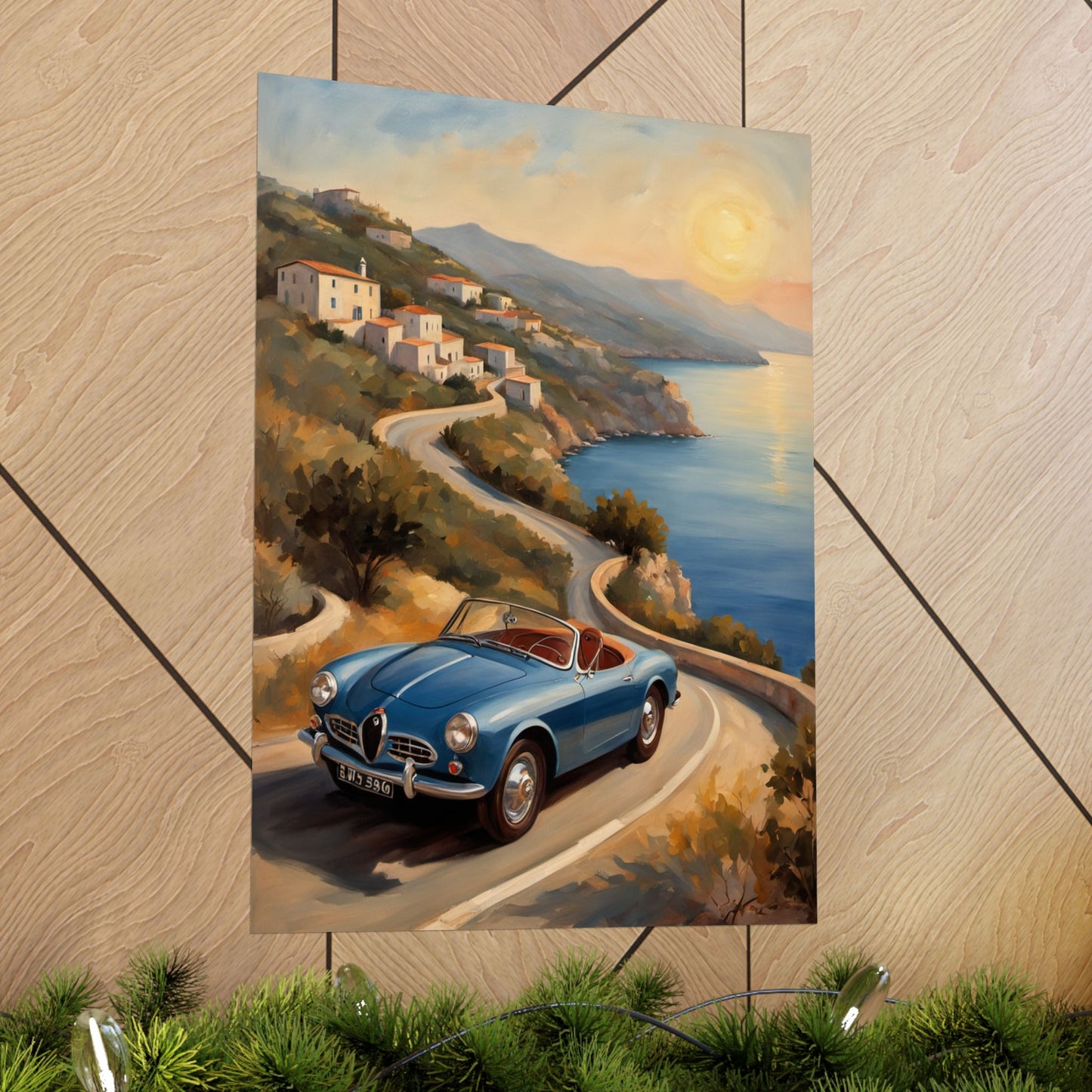 Beautiful Vintage Car Poster featuring a classic blue car on a coastal road at sunset