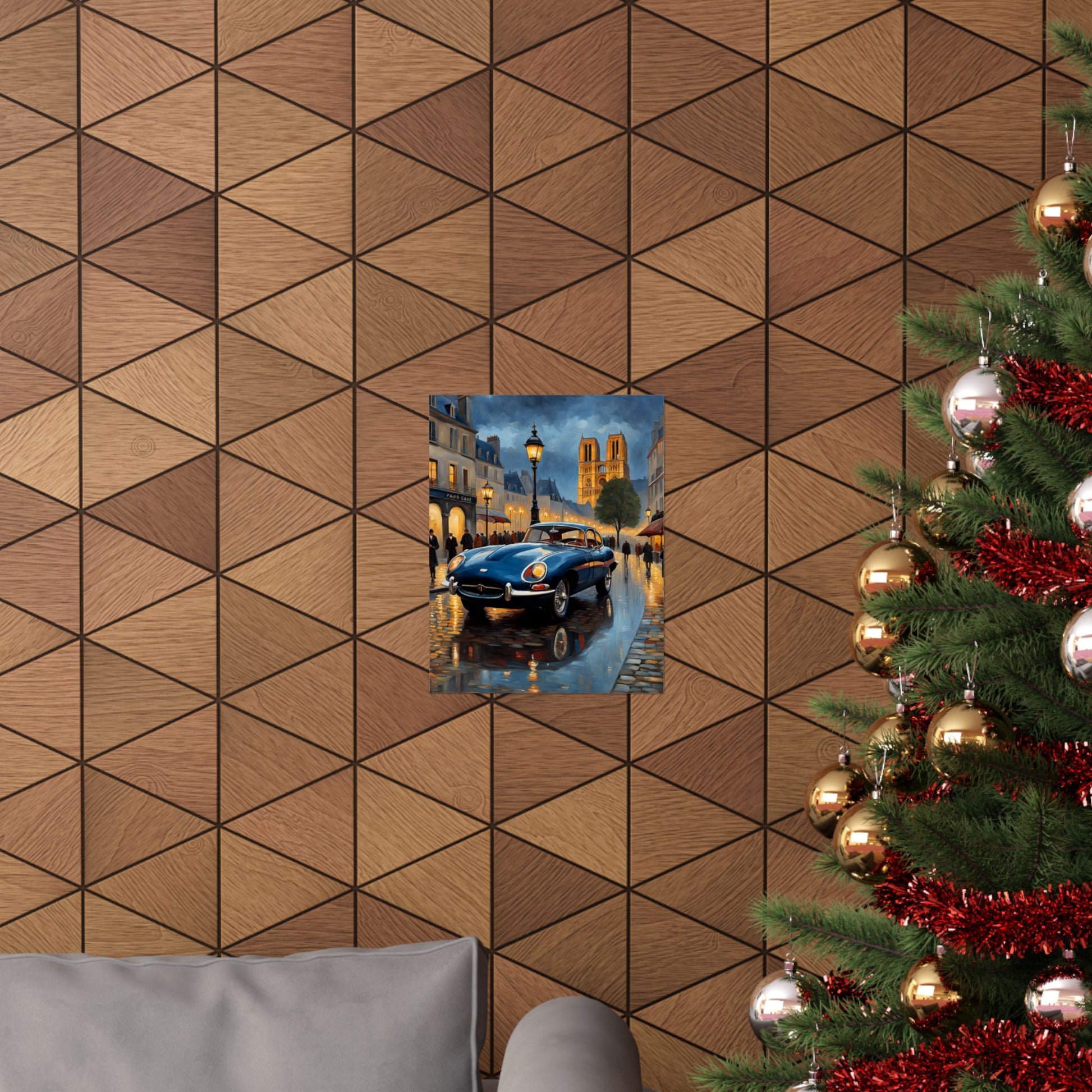 Vintage Car Poster featuring a classic car in a city street scene with festive decorations