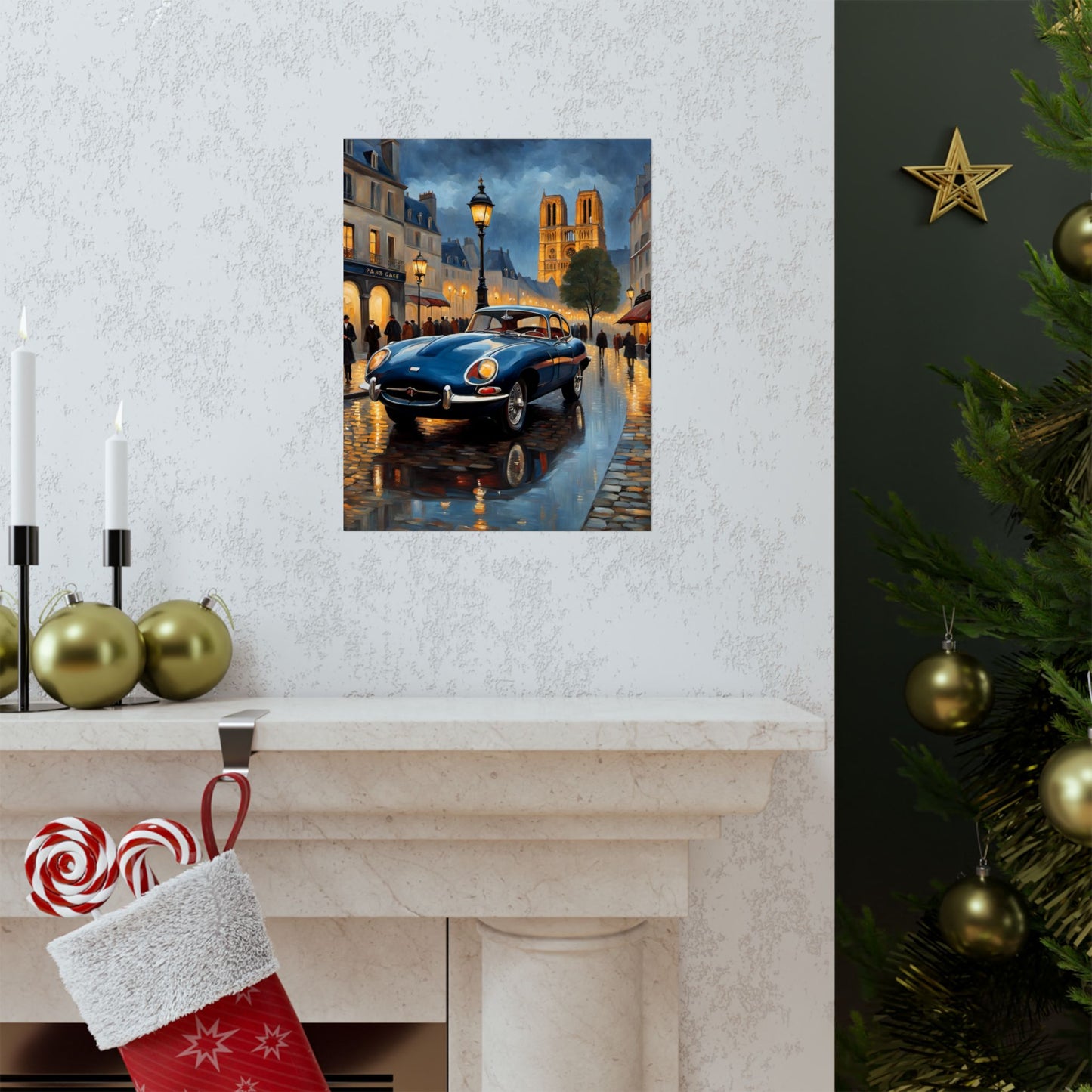 Vintage Car Poster featuring a classic black car on a rainy street setting with historic buildings
