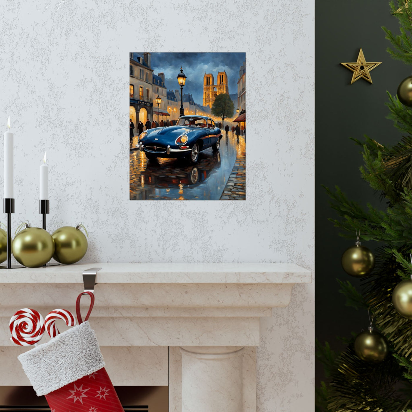 Vintage Car Poster featuring a classic black car on a rainy street setting with historic buildings