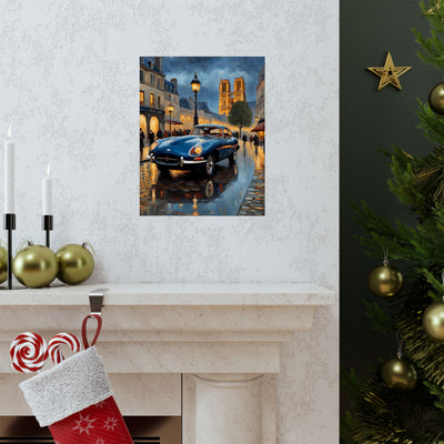 Vintage Car Poster featuring a classic black car on a rainy street setting with historic buildings