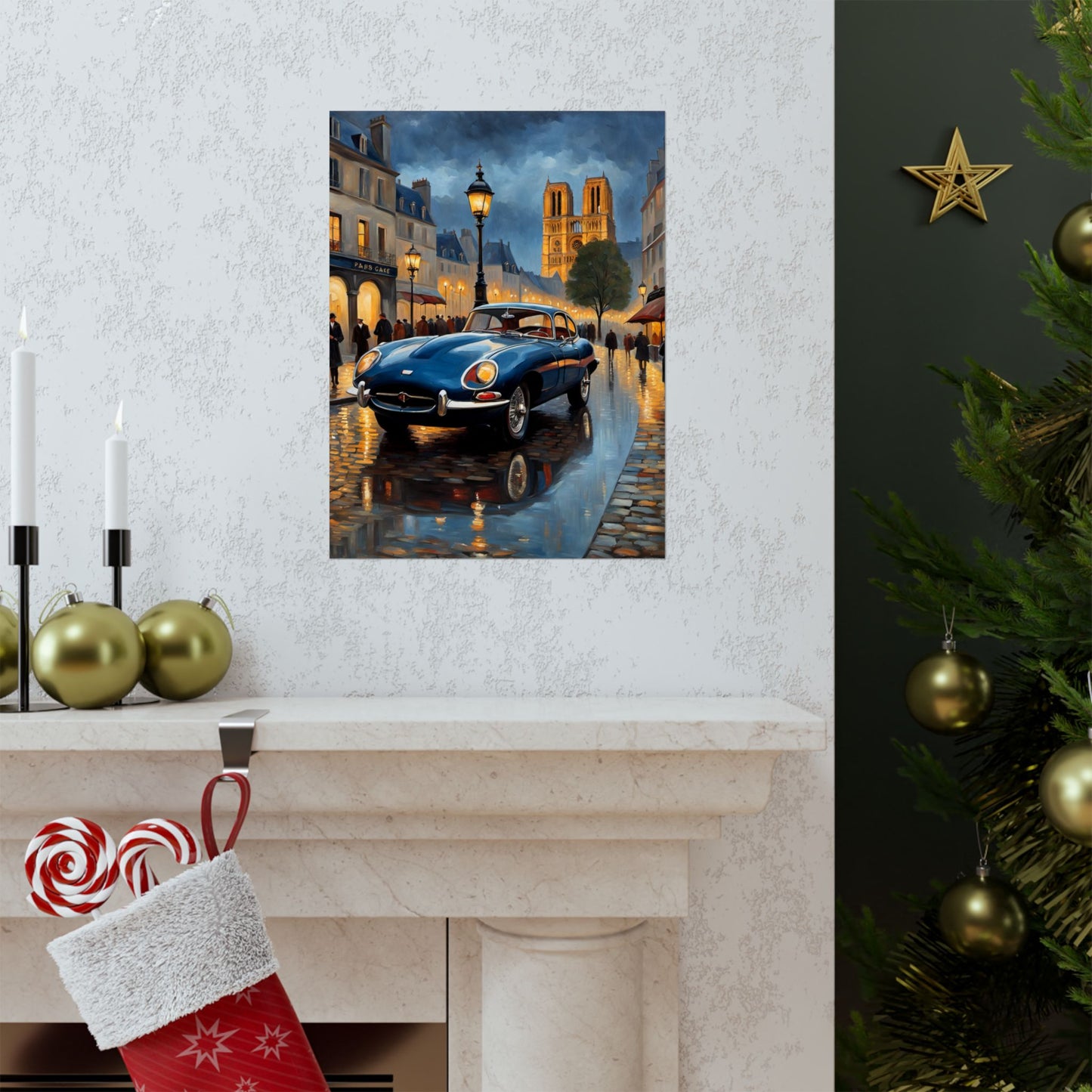 Vintage Car Poster featuring a classic car on a rainy street with historic buildings in the background