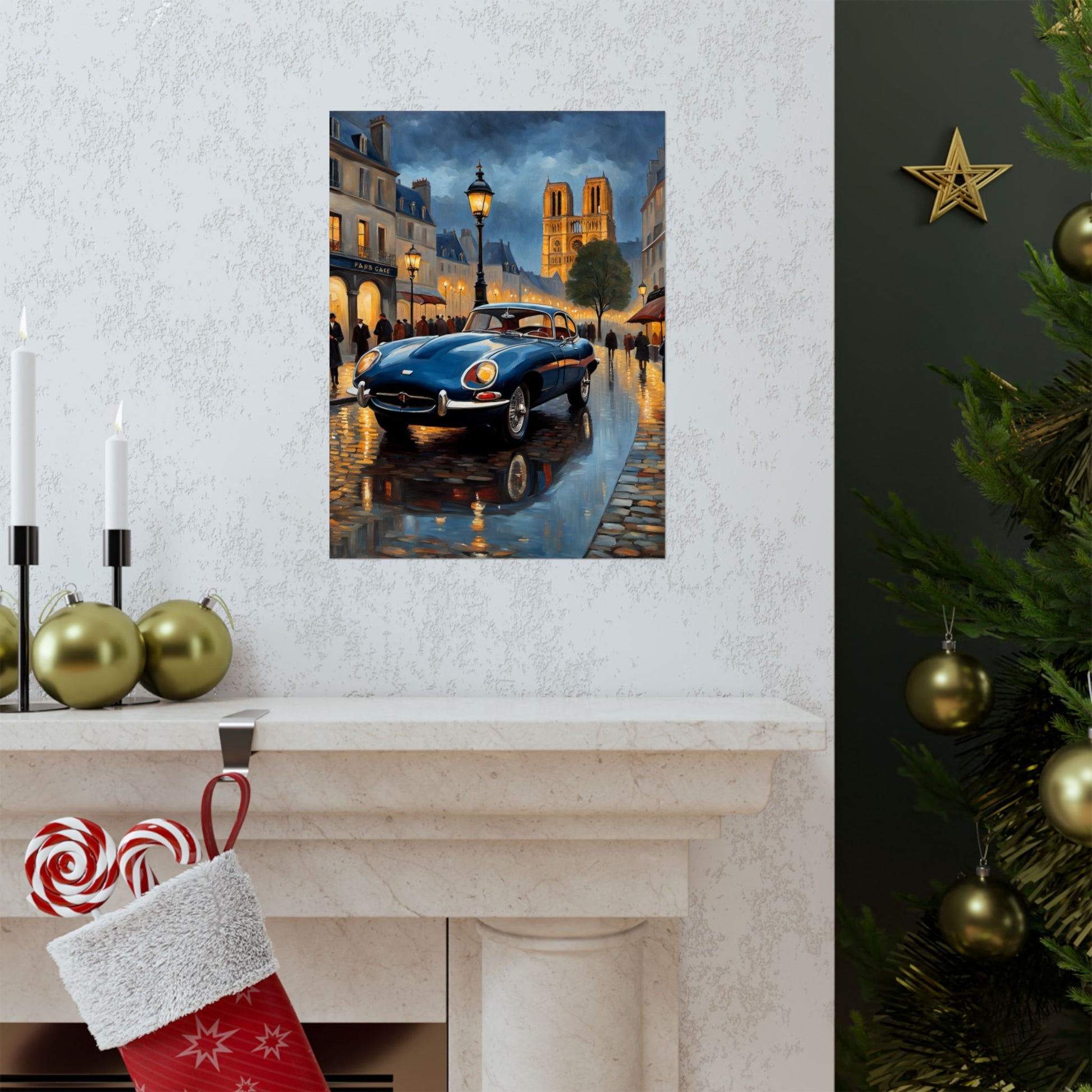 Vintage Car Poster featuring a classic car on a rainy street with historic buildings in the background
