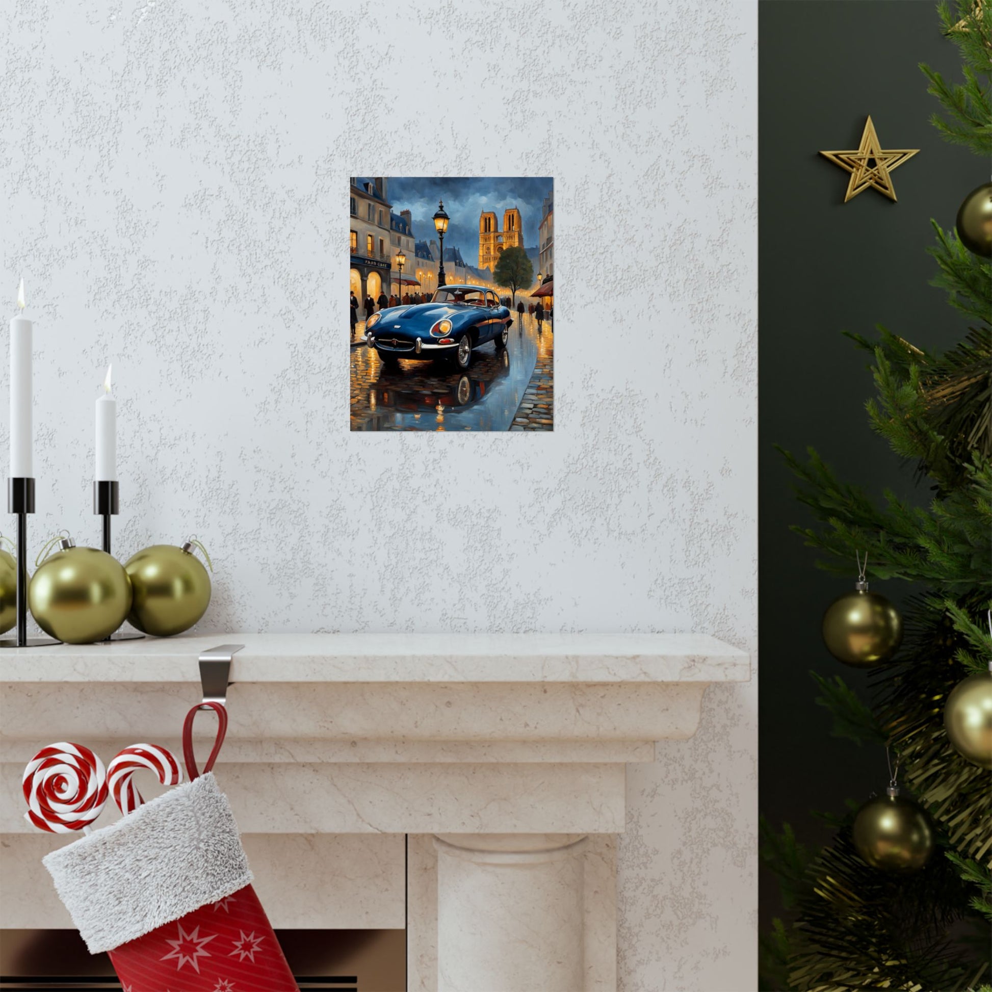 Vintage Car Poster displayed on a wall above a festive mantel with holiday decorations