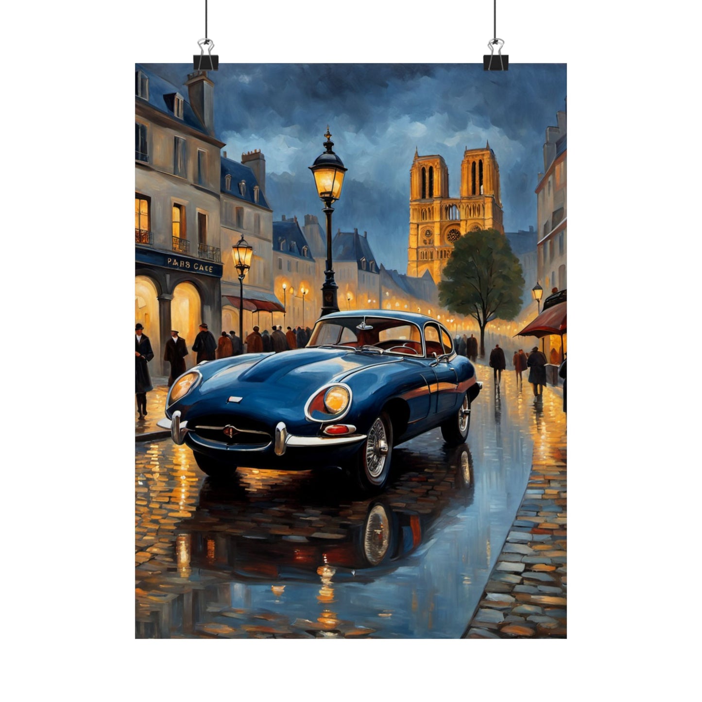 Vintage Car Poster featuring a classic blue car in a rainy Paris scene with Notre Dame Cathedral
