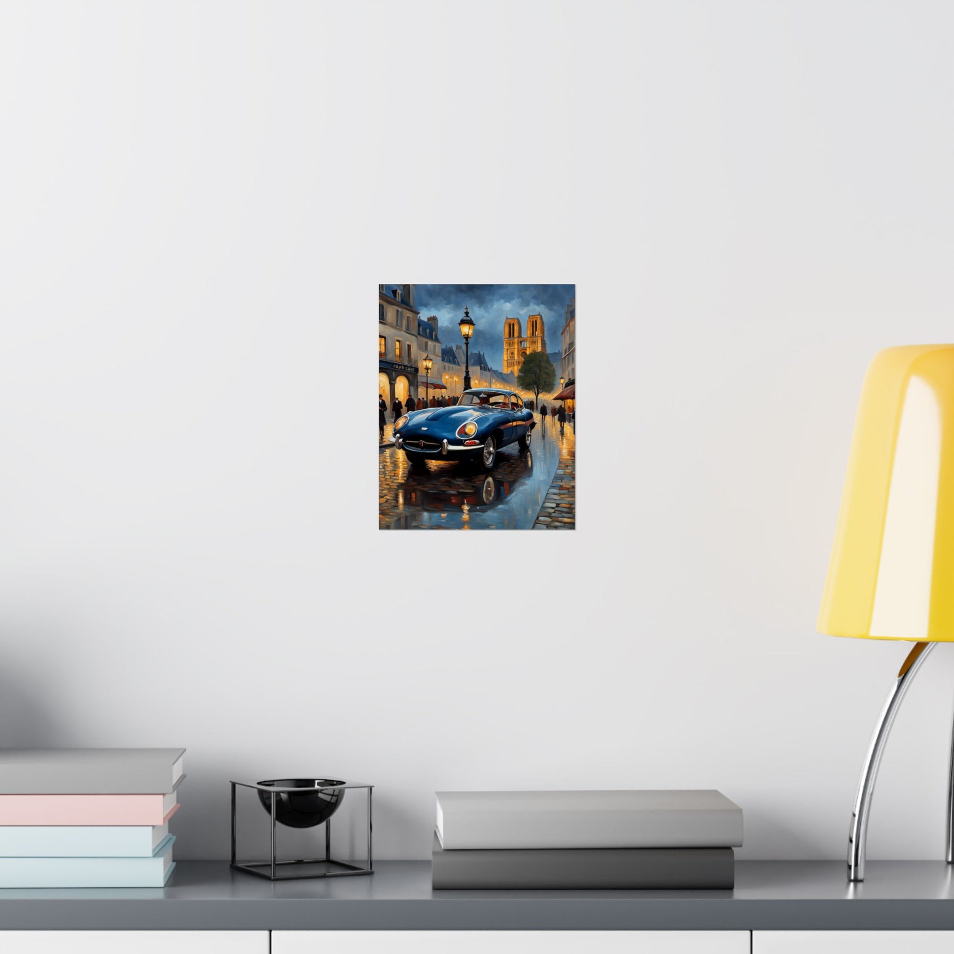 Vintage Car Poster featuring a classic car illuminated by street lights in a rainy urban setting