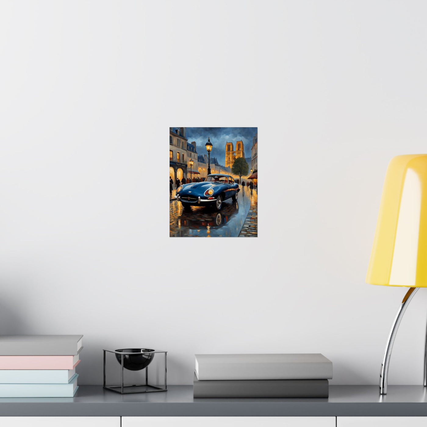 Vintage Car Poster featuring a classic car illuminated by street lights in a rainy urban setting