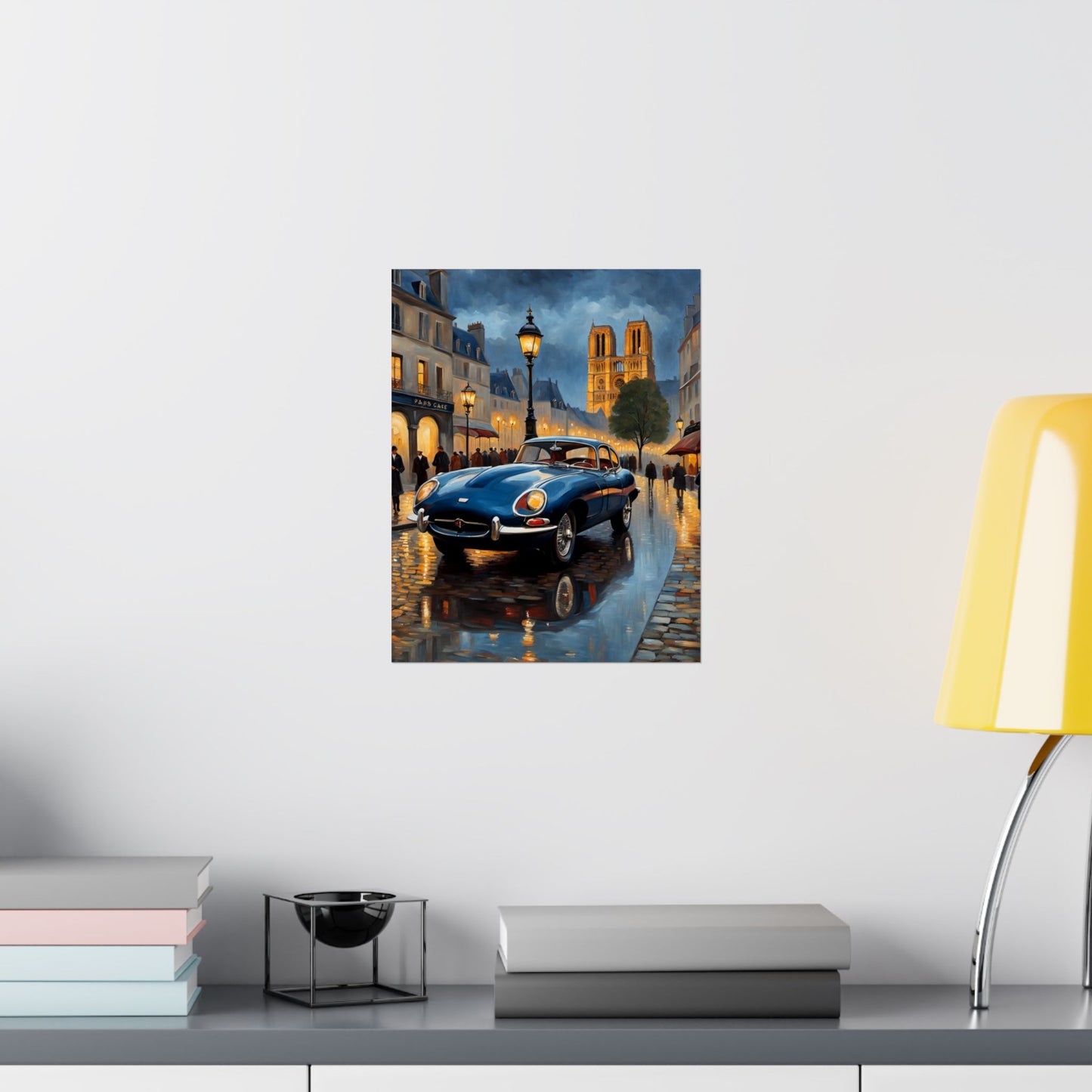 Vintage Car Poster featuring a classic car parked on a rainy street with city lights