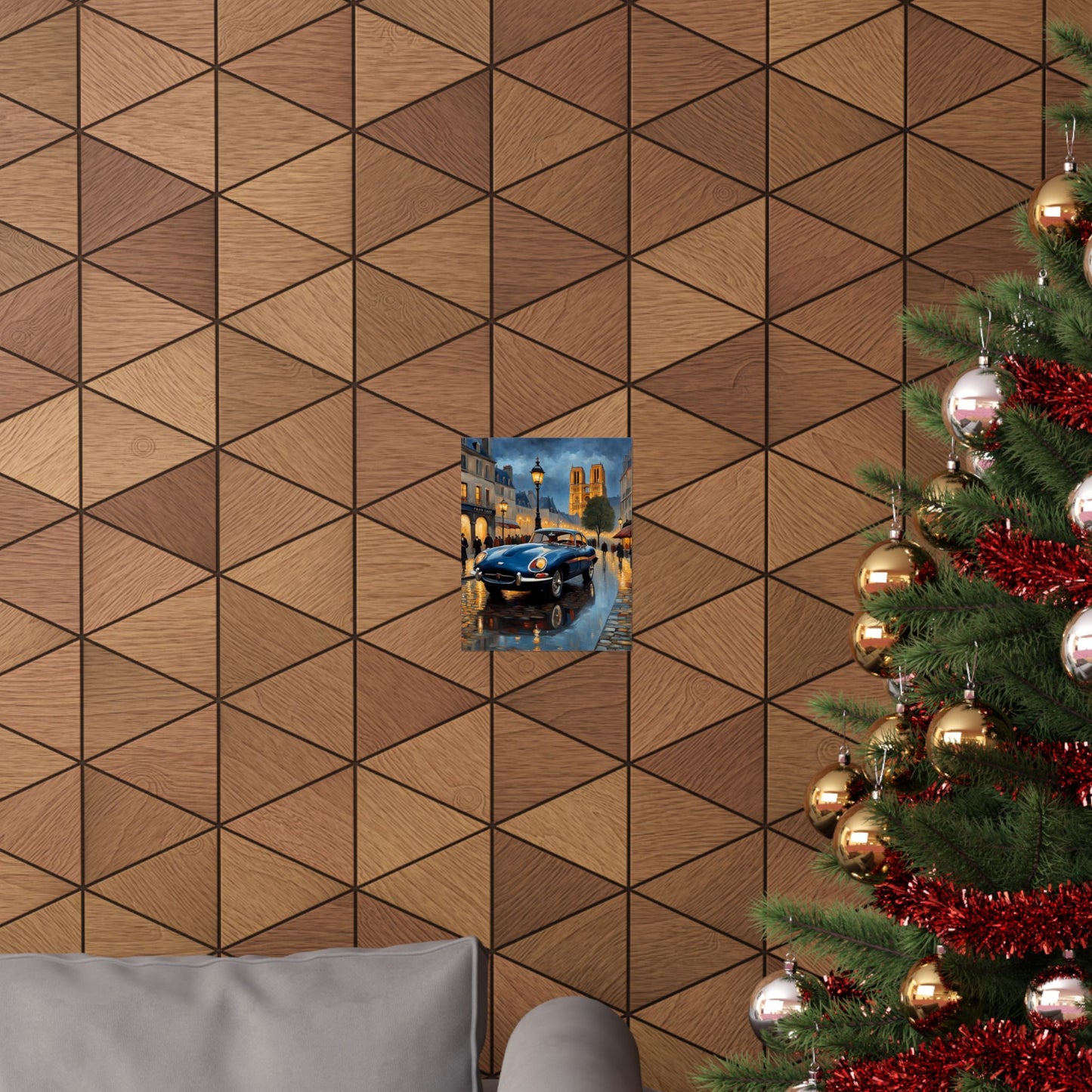 Vintage Car Poster displayed on a geometric patterned wall with a Christmas tree in the foreground