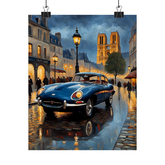 Vintage Car Poster featuring a classic blue car on a rainy Paris street with historic architecture