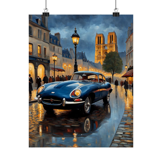 Vintage Car Poster featuring a retro blue car on a rainy street with historic buildings