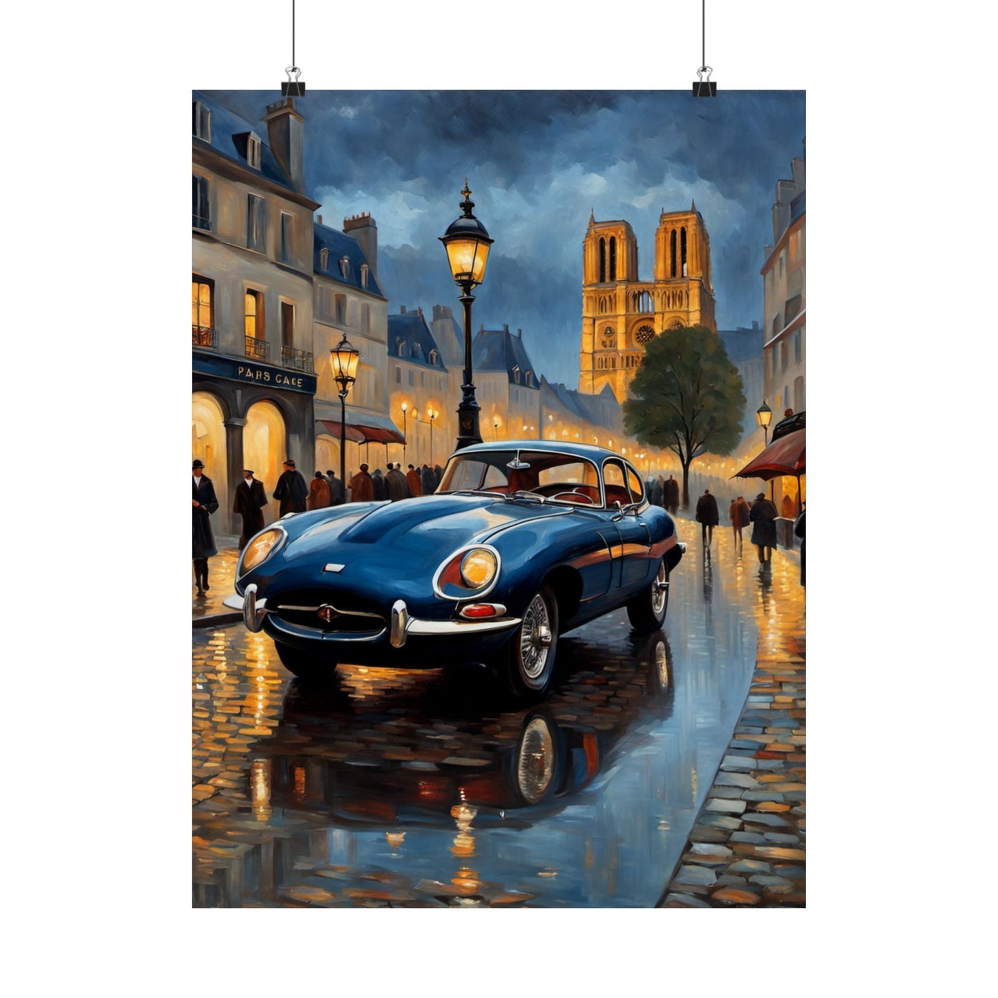 Vintage Car Poster featuring a blue classic car on a rainy street with historic buildings