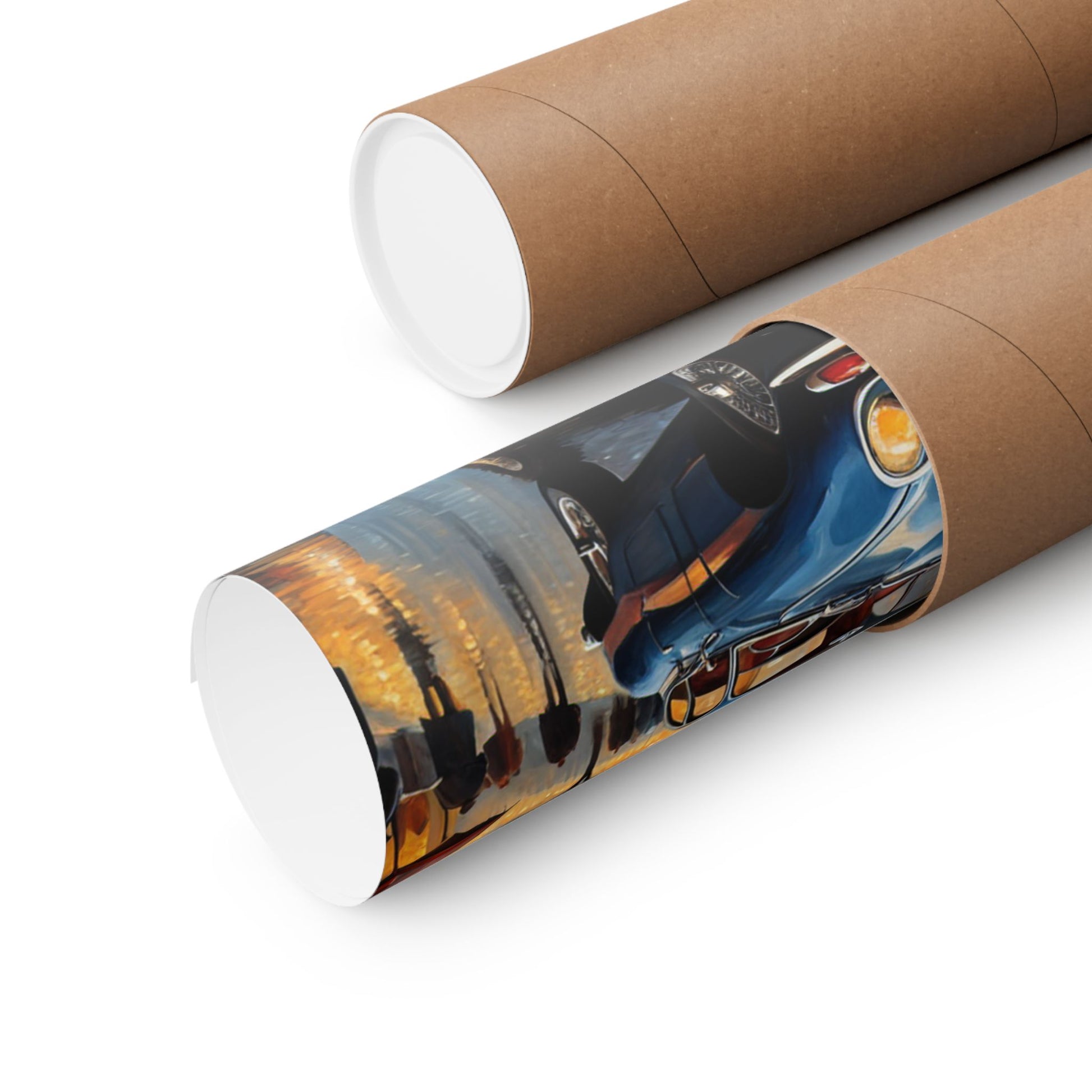 Vintage Car Poster rolled up in a sturdy cardboard tube ready for shipping