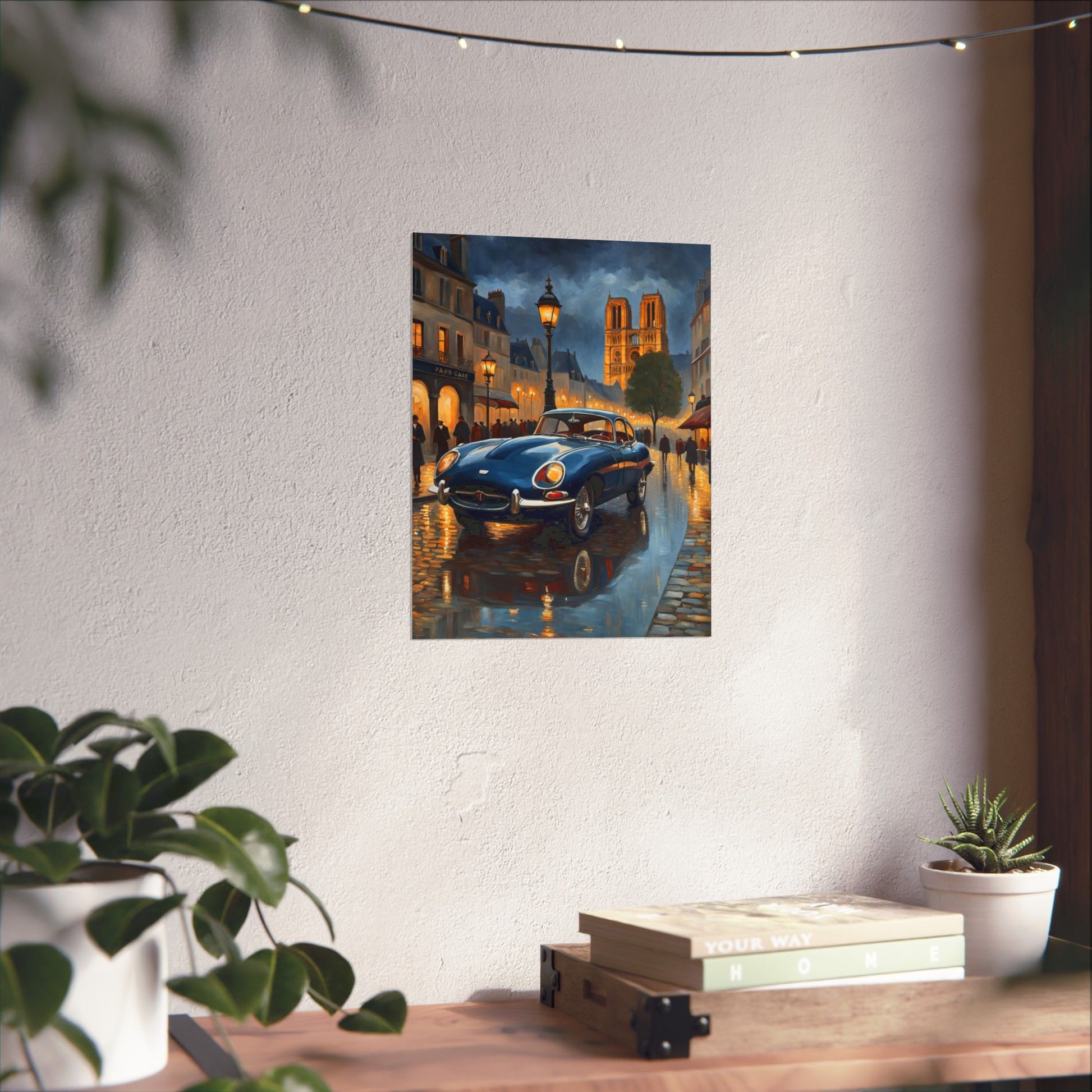 Vintage Car Poster featuring a classic car in a rainy street scene with warm lights