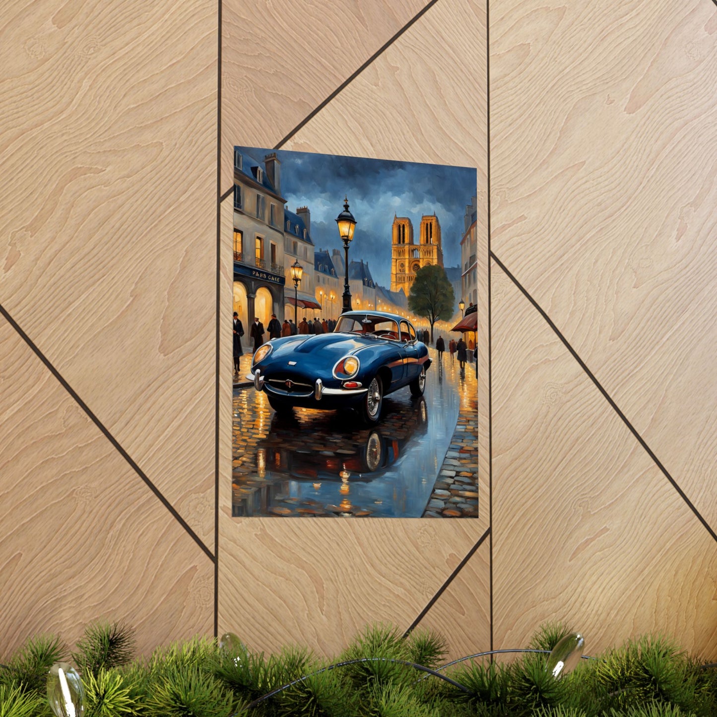 Vintage Car Poster featuring a classic car on a rainy street with soft lighting