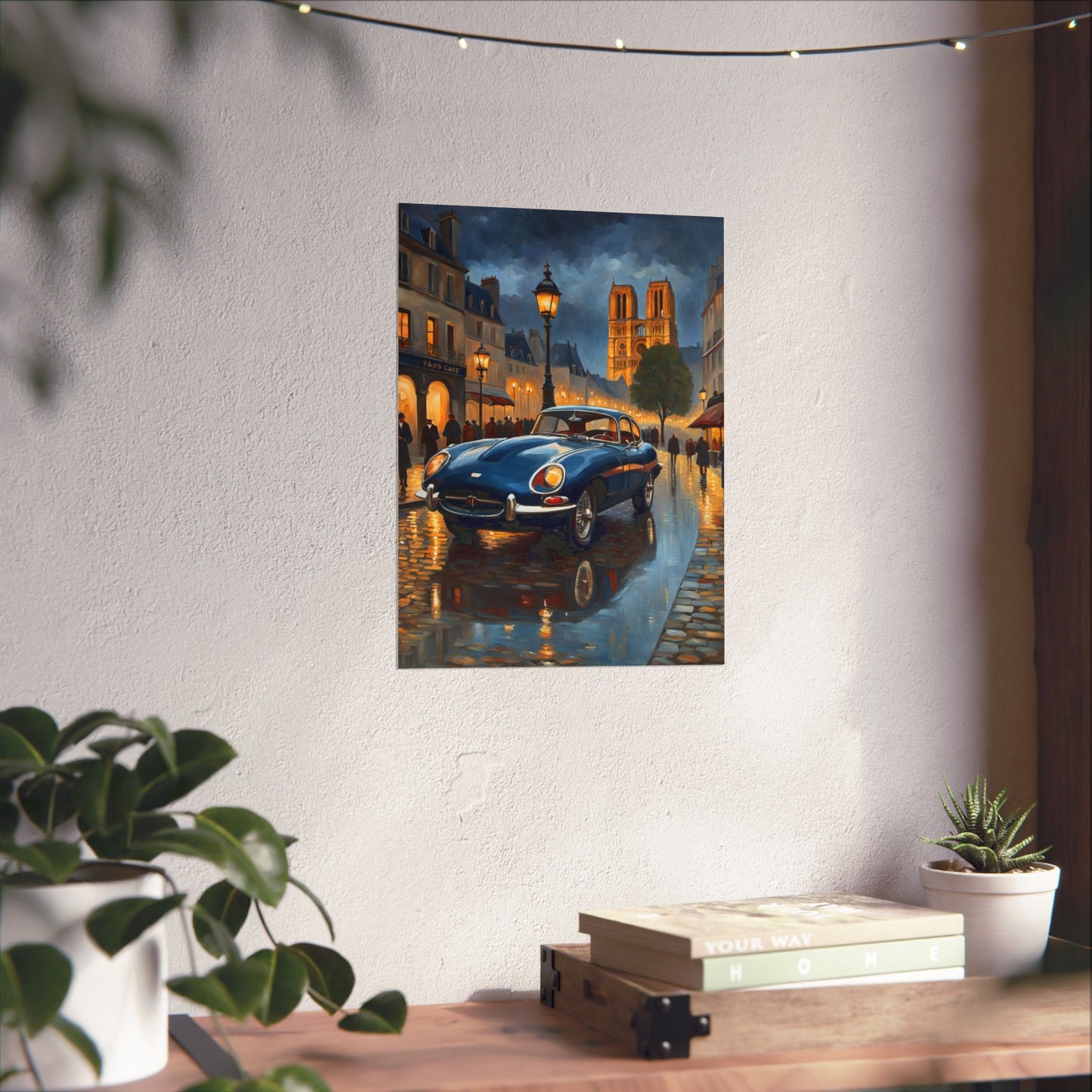 Vintage Car Poster featuring a classic car on a rainy street scene with warm city lights