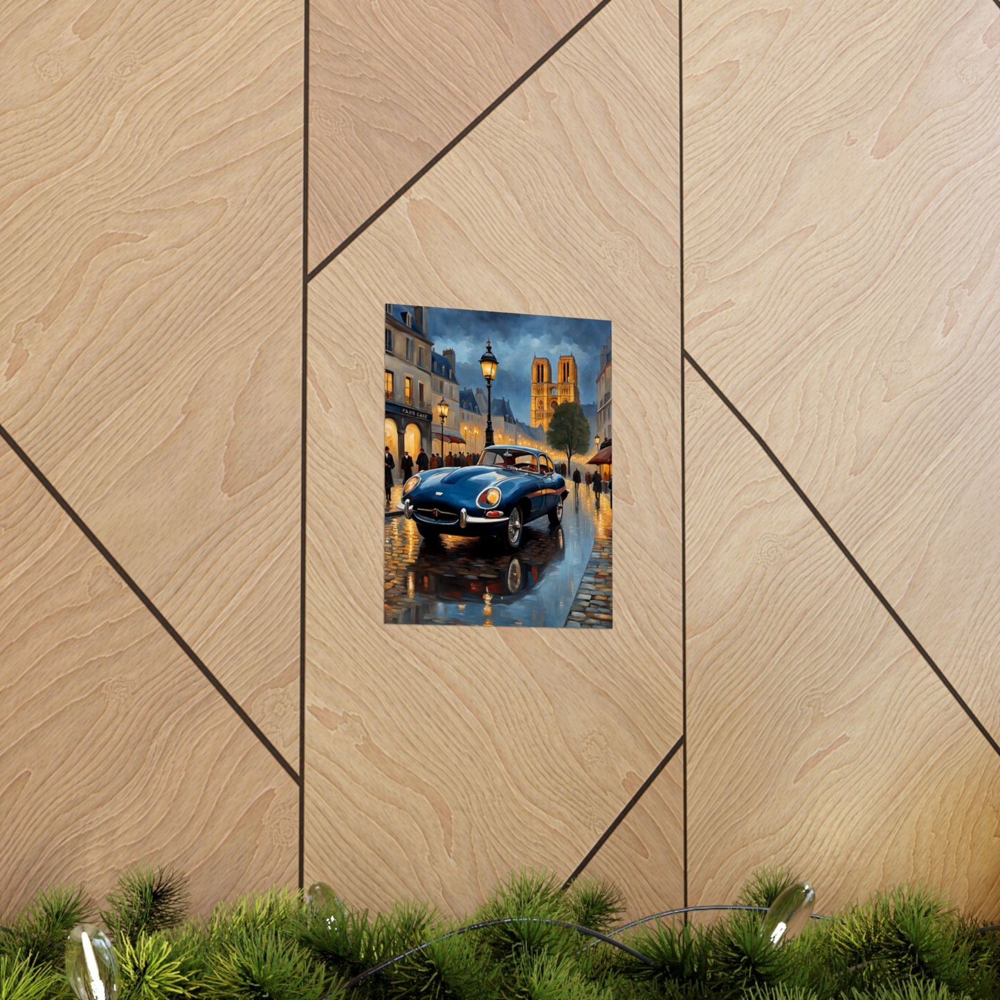 Colorful Vintage Car Poster featuring a classic car on a rainy street scene