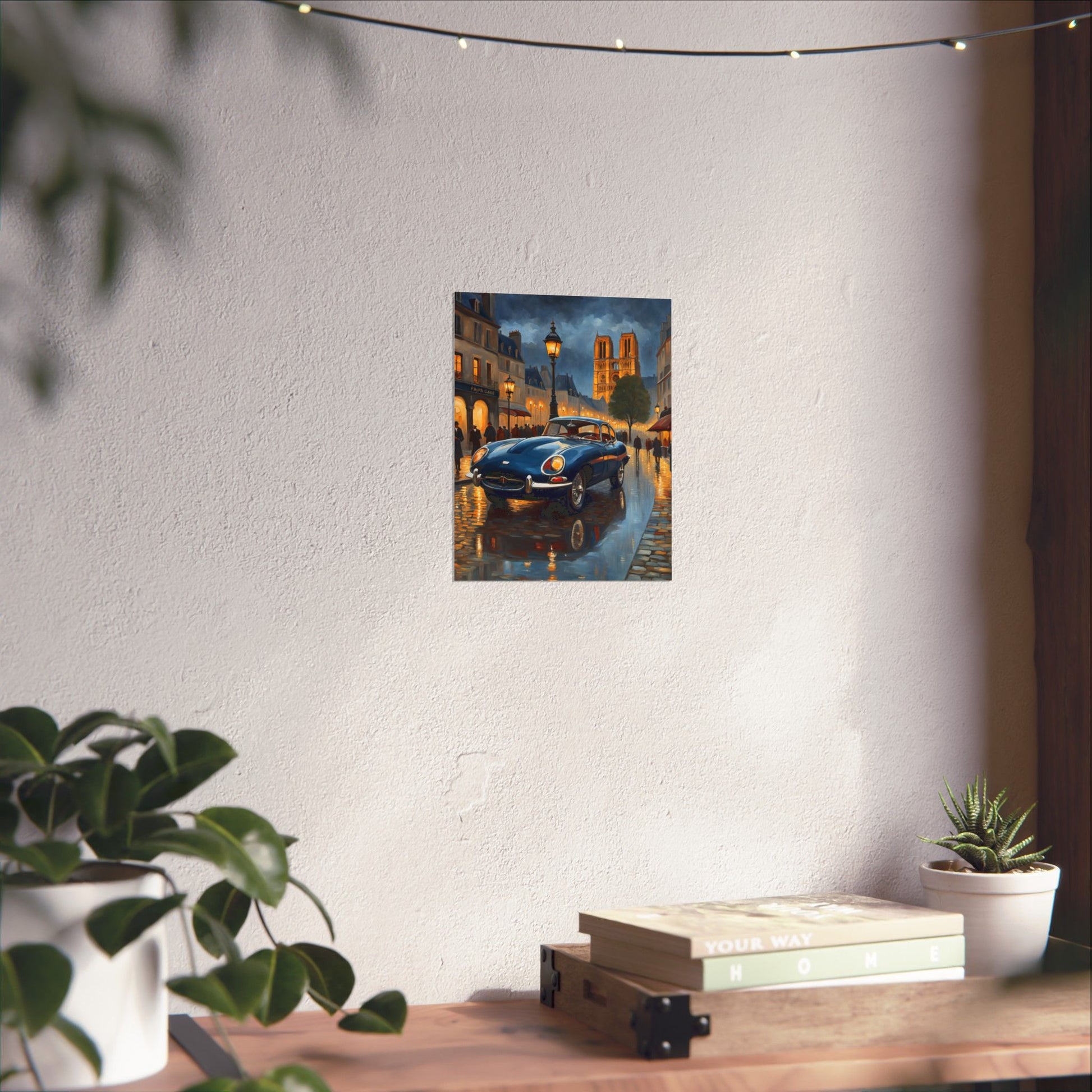 Vintage Car Poster depicting a classic car in a rainy city setting with warm streetlights