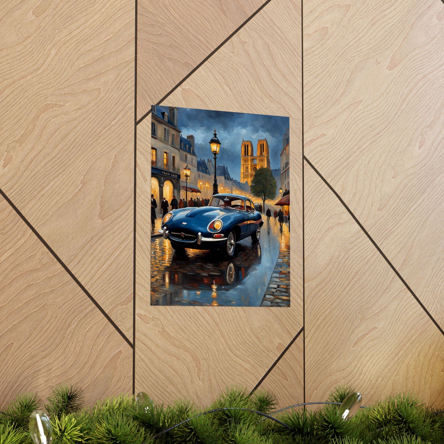 Vintage Car Poster featuring a classic car on a rainy street with city lights and reflections