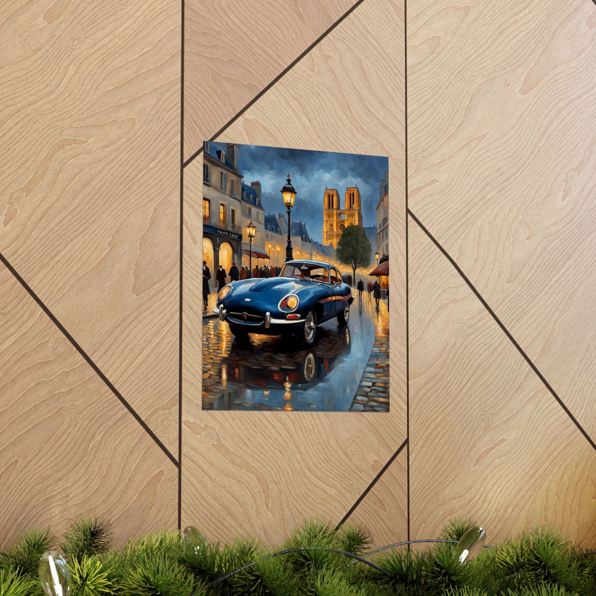 Vintage Car Poster featuring a classic car on a rainy street with city lights and reflections