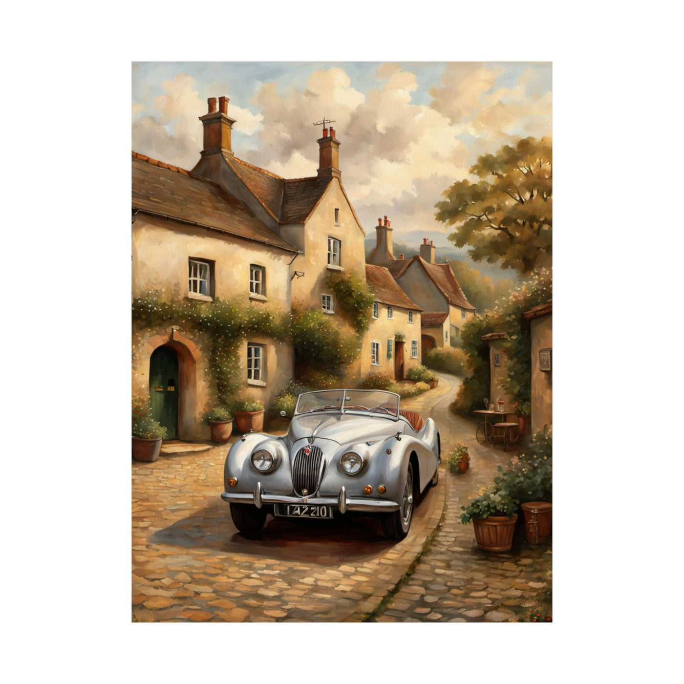 Vintage car poster wall art showcasing a classic car on a charming cobblestone street