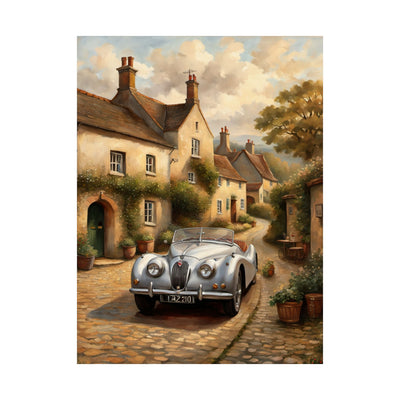 Vintage car poster wall art showcasing a classic car on a charming cobblestone street
