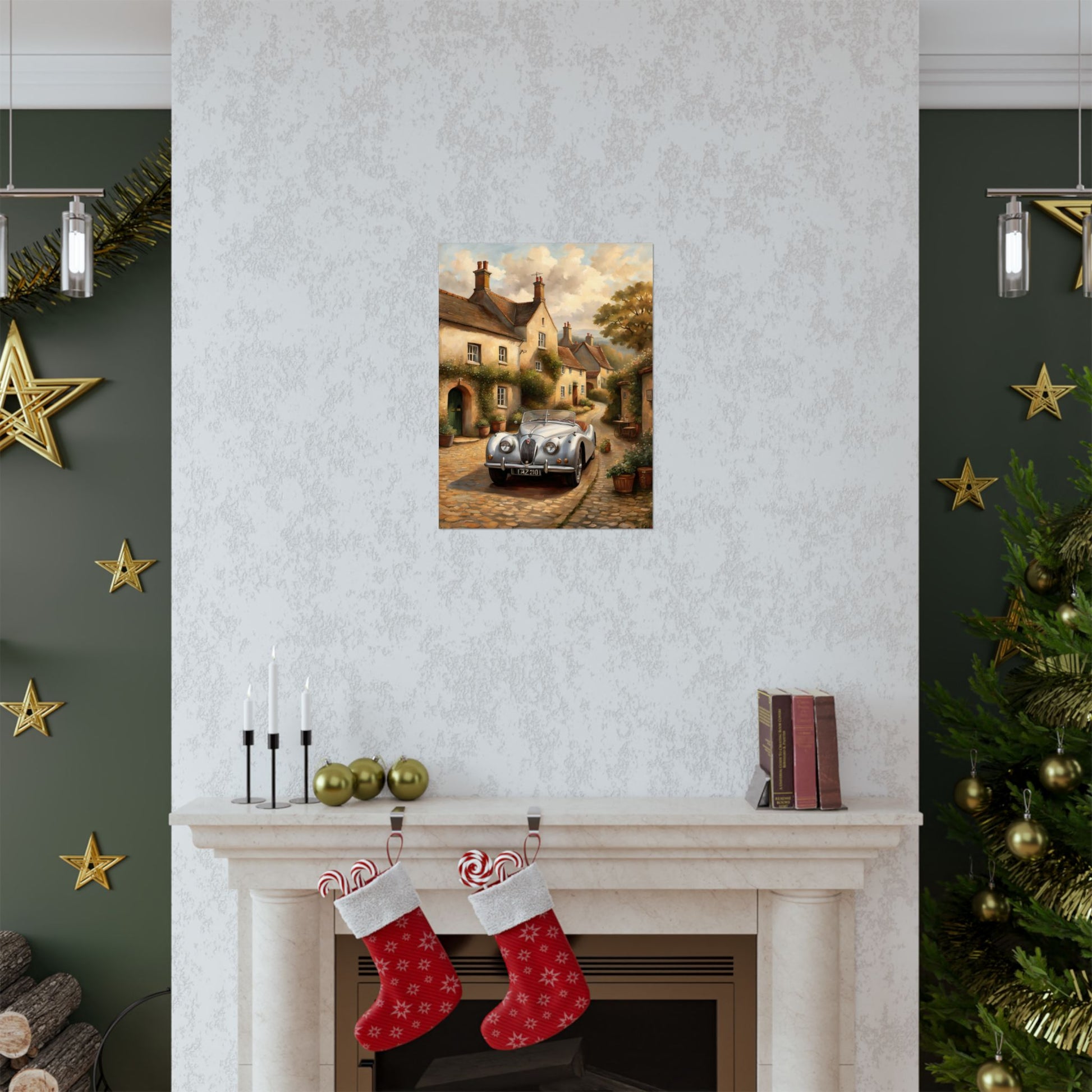 Vintage car poster wall art displayed above a fireplace in a cozy room with festive decor