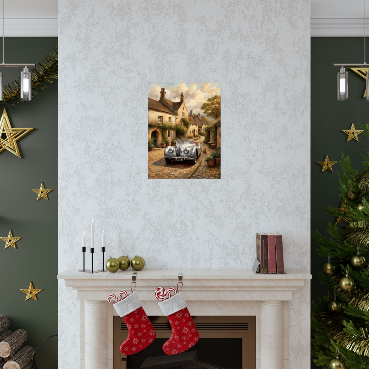 Vintage car poster wall art displayed above a fireplace in a cozy room with festive decor