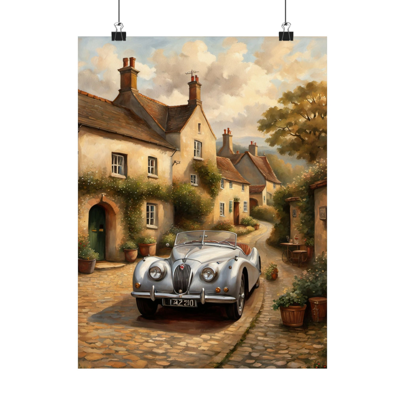 Beautiful vintage car poster wall art featuring a classic car on a charming village street