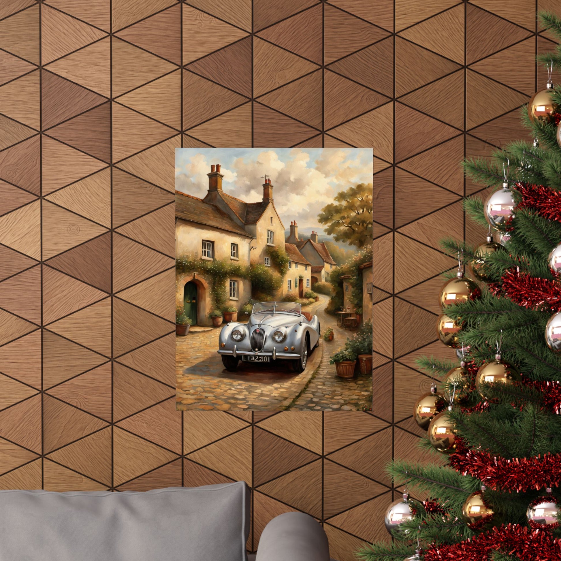 Vintage car poster wall art featuring a classic car parked in a charming village scene